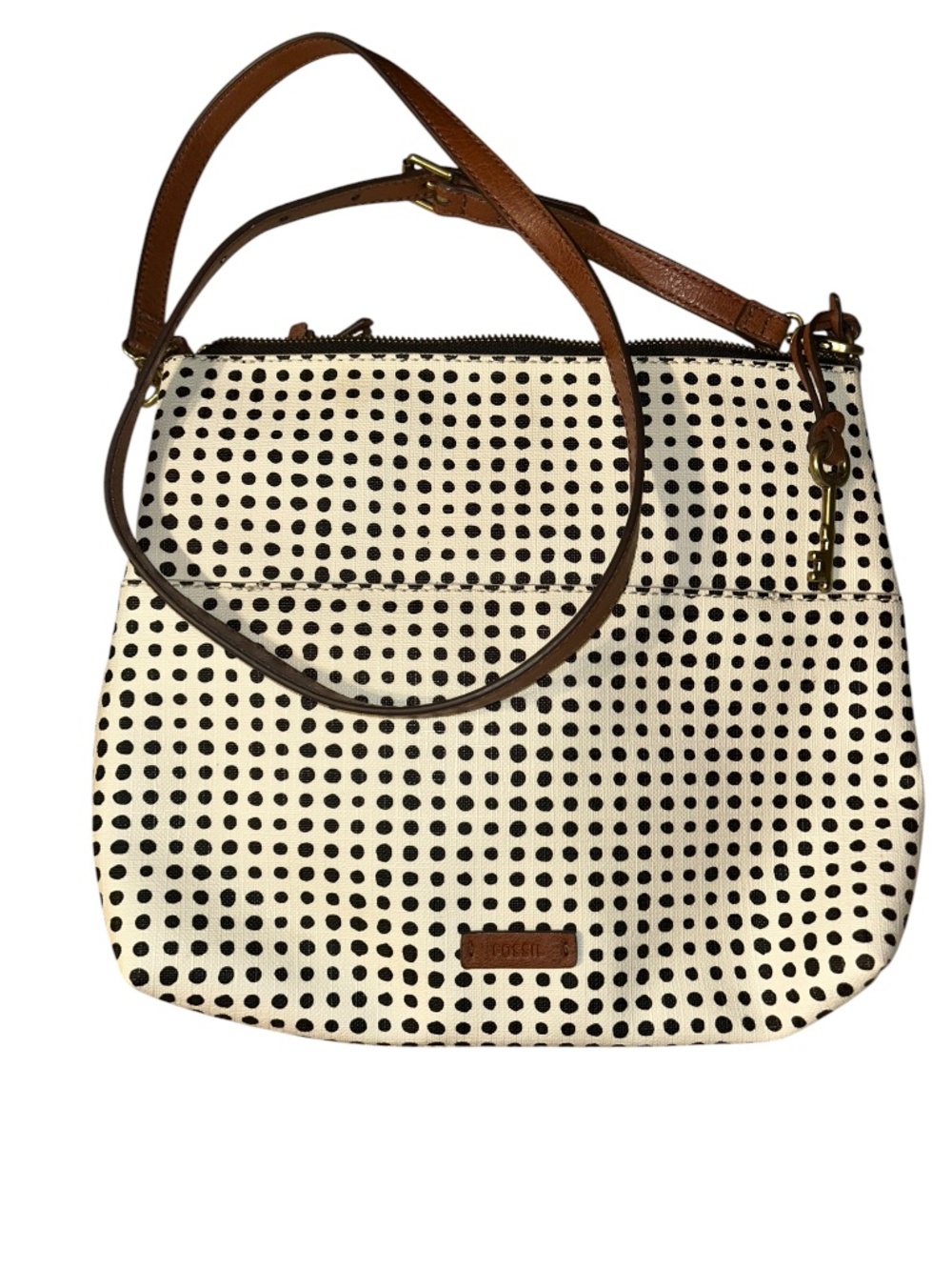 fossil as new black white African like spot leather strap cross body bag 11x10"